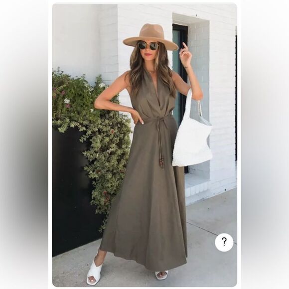 ZARA LINEN BLEND KHAKI HALTER NECK MIDI DRESS blogger’s favorite size large - Picture 14 of 16